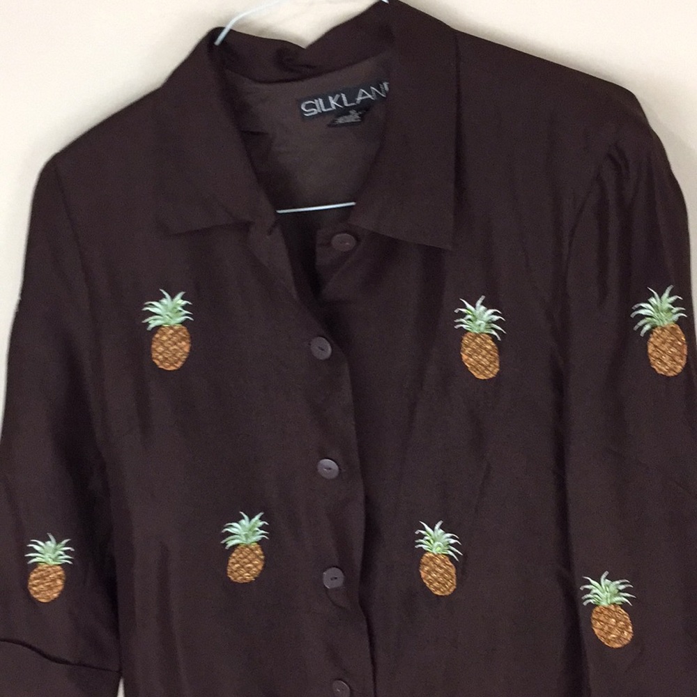 Silkland Brown Silk Top with Embroidered Beaded Pineapples Size 10 - Picture 2 of 15